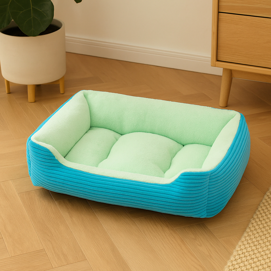Panier chien xxl de couleur bleu et vert posé dans un salon de couleur claire. Le panier est devant une plante verte et une commode en bois. Image produit Boutiquechien Image