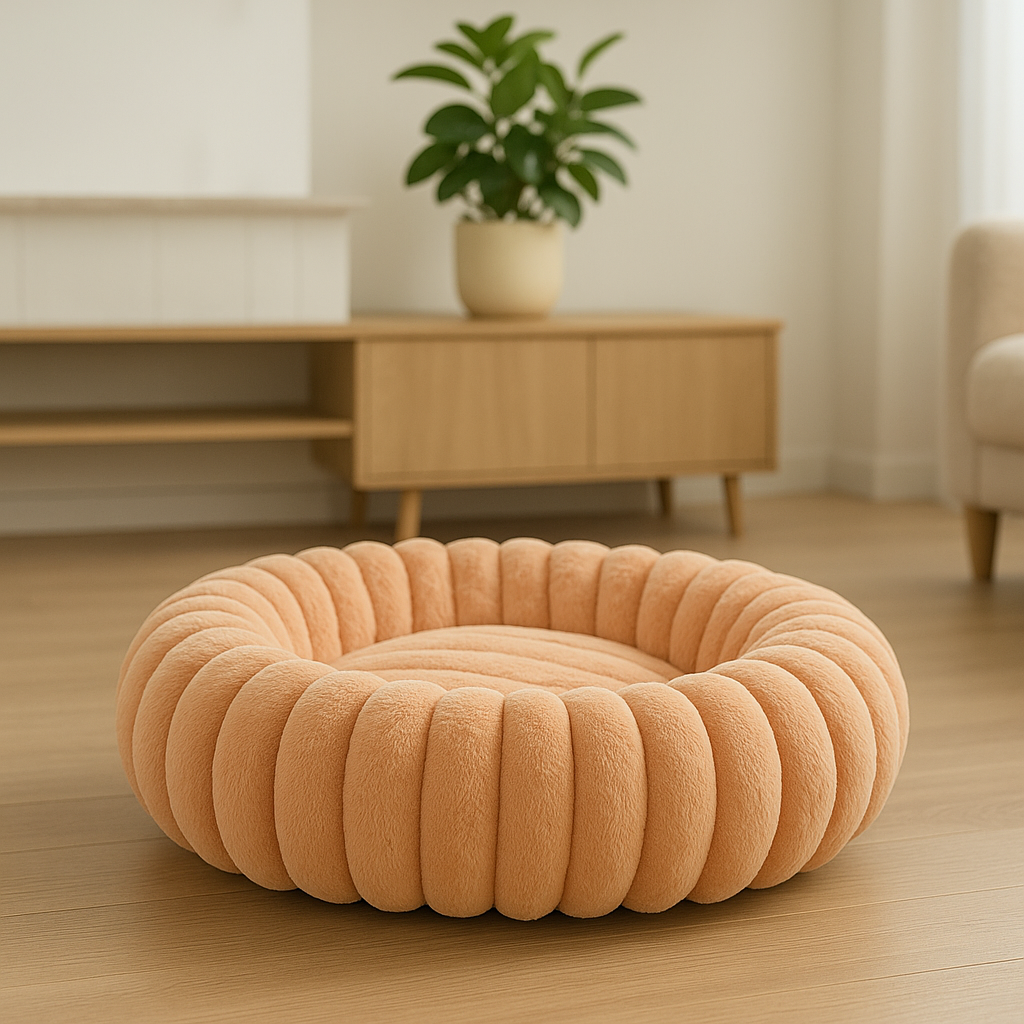 Panier pour chien xl posé dans un salon de couleur clair avec en fond une commode en bois. Le panier pour chien xl est de couleur pêche. Image produit Boutiquechien Image