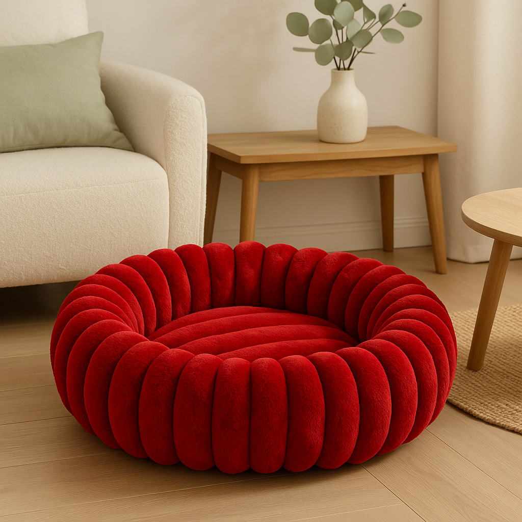 Panier pour chien XL de couleur rouge fluffy posé dans un salon claire. Il y a un canapé blanc et des tables basses de couleur bois et blanc. Image produit Boutiquechien Image