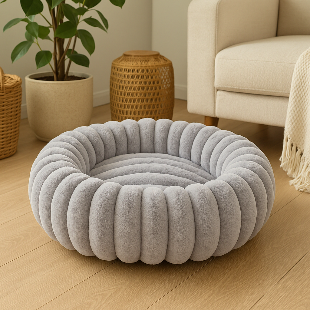 Panier pour chien xl gris posé dans un salon de couleur claire. Le canapé est de couleur blanc et il y a une plante vert et un panier en osier. Image produit Boutiquechien Image