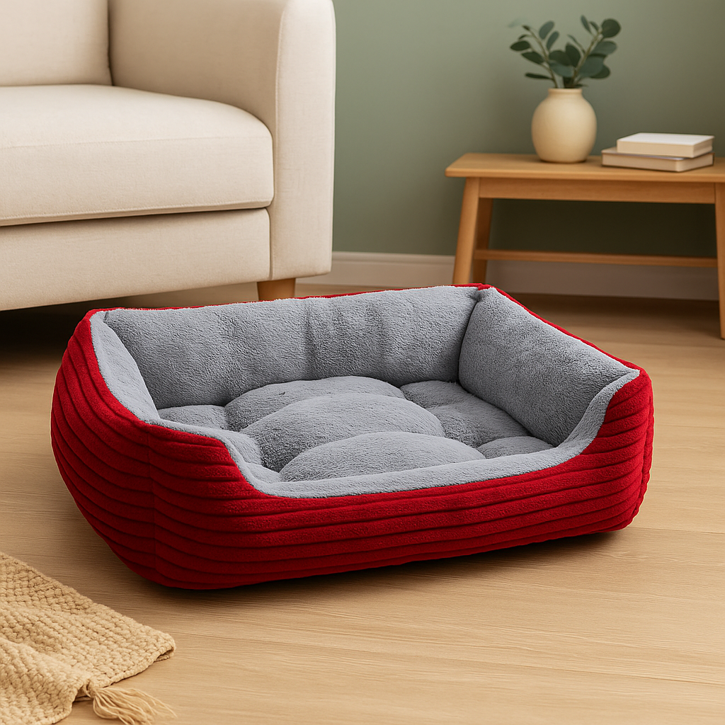Panier chien xxl rouge et gris posé dans un salon de couleur claire. En fond il y a un canapé blanc et une table basse de couleur bois avec un pot de fleur dessus. Image produit Boutiquechien Image