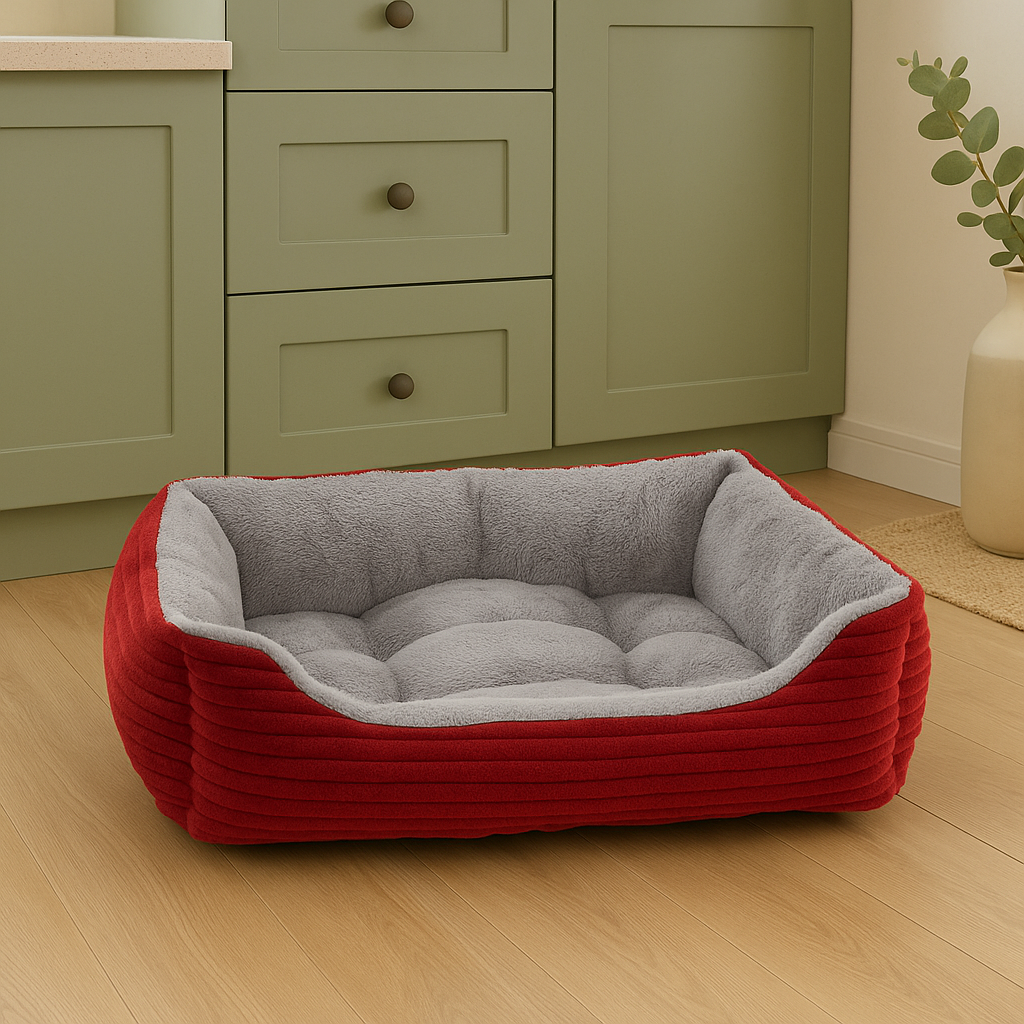 Panier chien xxl de couleur gris et rouge posé dans une cuisine de couleur verte avec en fond un pot de fleur gris. image produit Boutiquechien Image