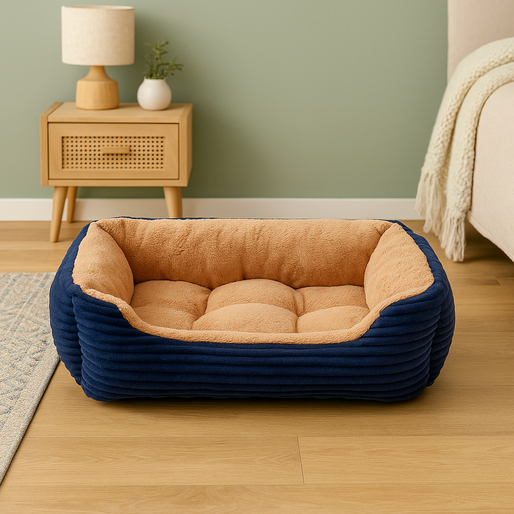 Panier chien xxl de couleur bleu et brun posé dans une chambre de couleur claire avec un lit blanc et une commode en bois. Image produit Boutiquechien Image