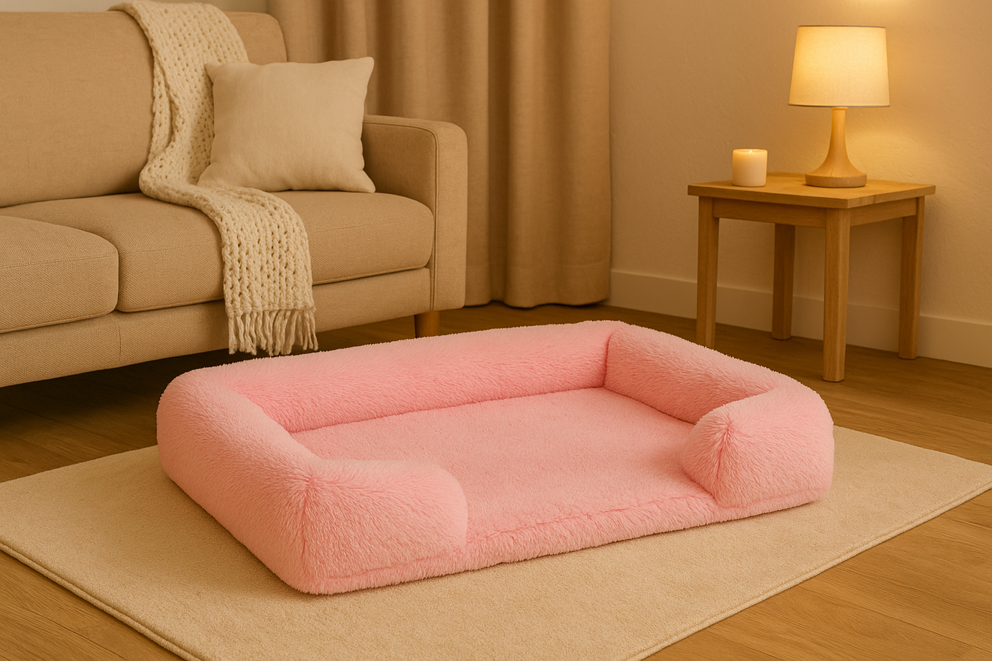 panier rose pour chien posé dans un salon de couleur brun. Dans le salon il y a un canapé beige avec un meuble en bois qui porte une bougie et une lampe. Image produit boutiquechien