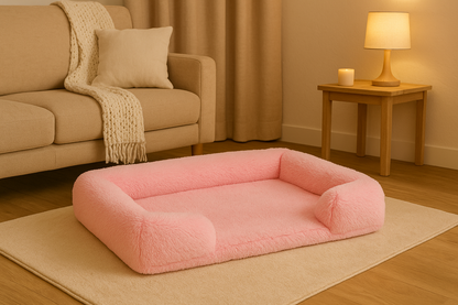 panier rose pour chien posé dans un salon de couleur brun. Dans le salon il y a un canapé beige avec un meuble en bois qui porte une bougie et une lampe. Image produit boutiquechien