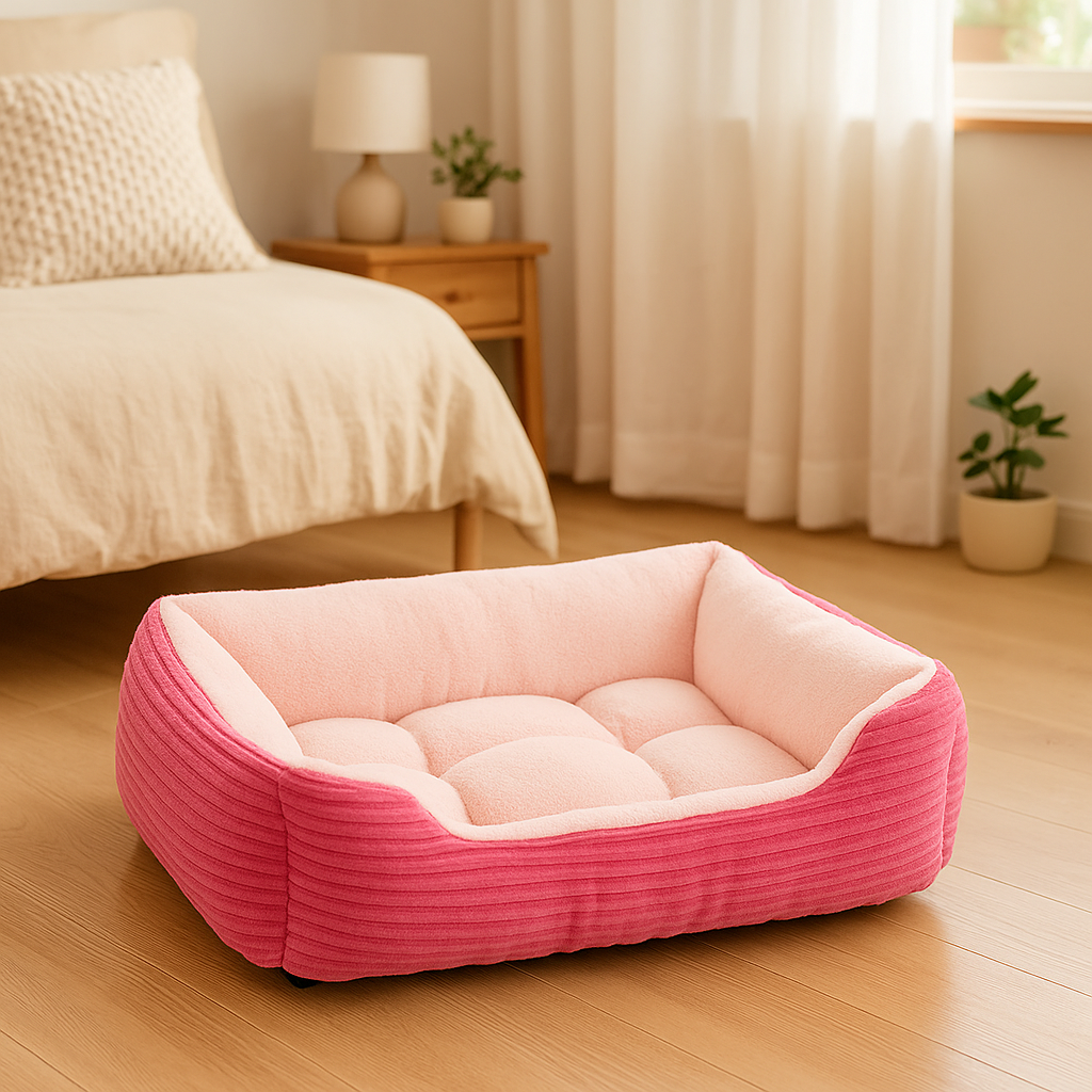 Panier chien xxl rose posé dans une chambre de couleur claire rose. Il y a un lit blanc dans la chambre avec une commode en bois. Image produit Boutiquechien Image