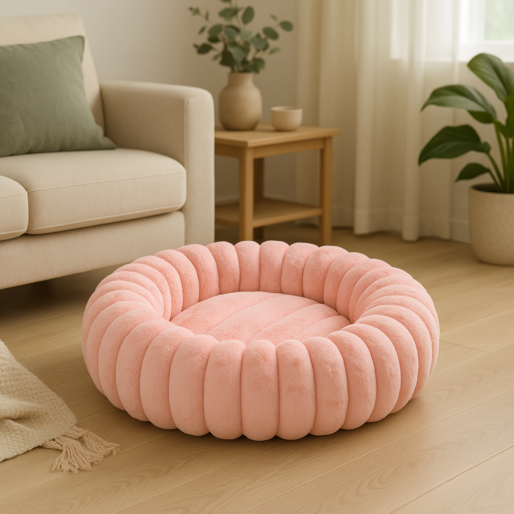Panier chien xl rose de style fluffy posé dans un salon de couleur claire. En fond du panier chien xl il y a un canapé blanc et des plantes verte. Image produit Boutiquechien Image
