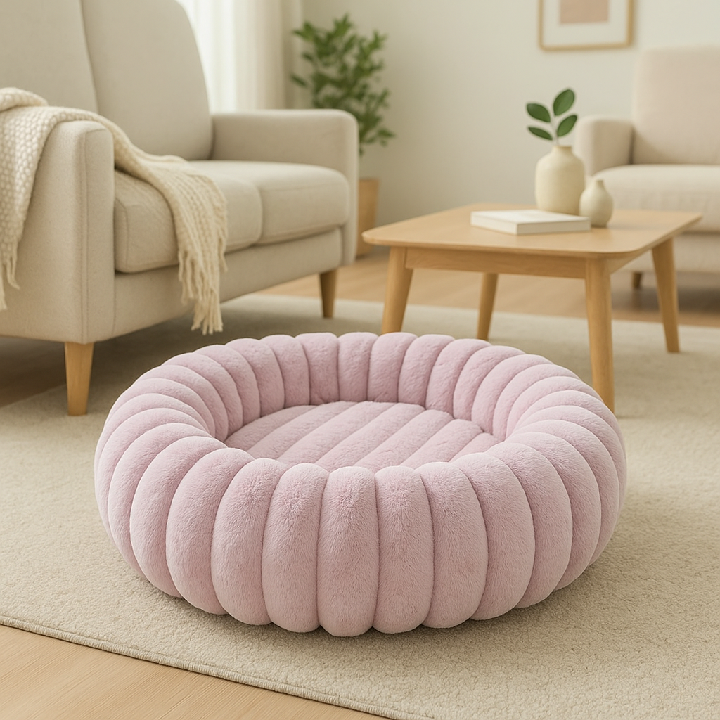 Panier chien xl de couleur rose posé dans un salon de couleur claire. Les canapé sont de couleurs blanc avec une table en bois. Image produit Boutiqeuchien  Image