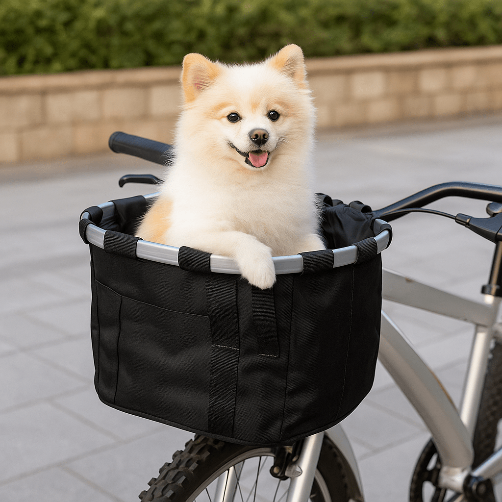 Panier chien vélo de couleur noir avec un chien blanc de petites tailles sur un vélo gris de boutiquechien 