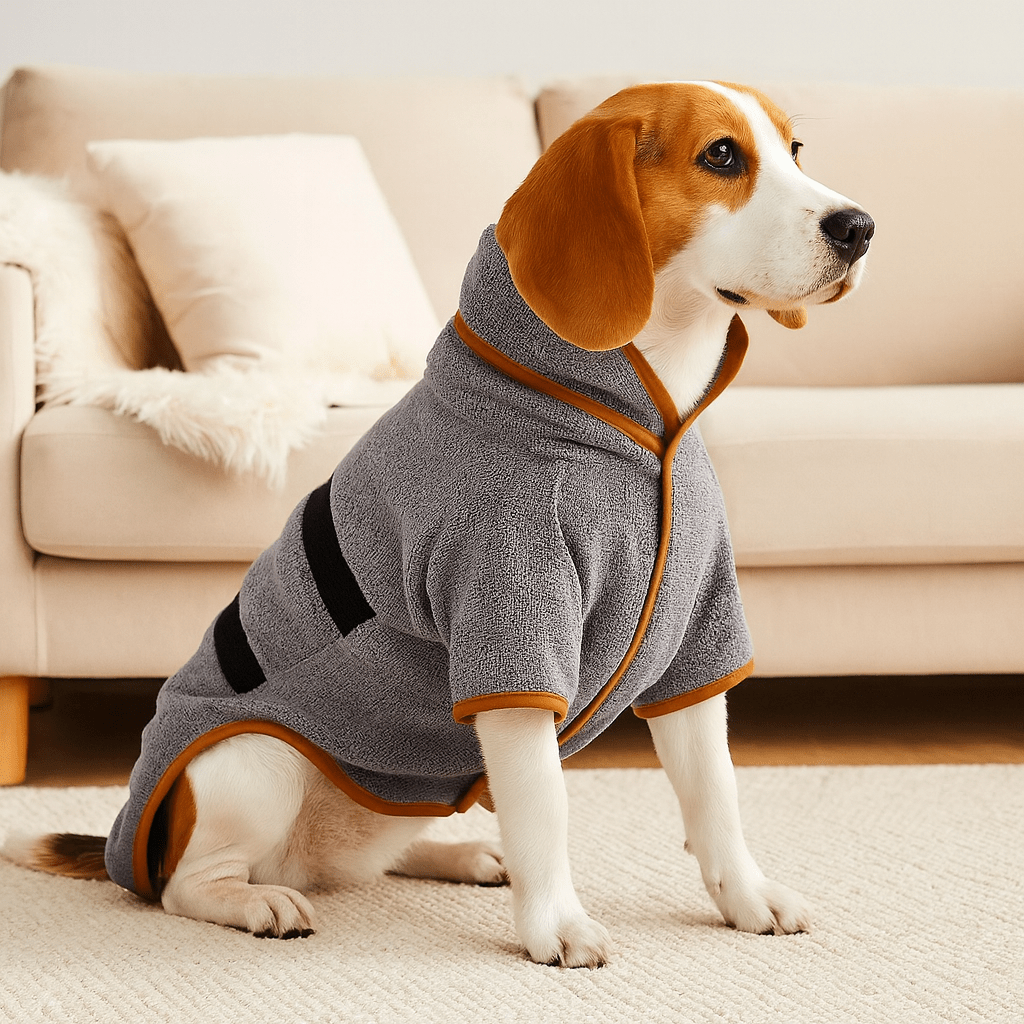 Chien de couleur brun et blanc assis sur un tapis blanc portant un peignoir gris et orange. En fond il y a un canapé blanc. Image produit Boutiquechien 