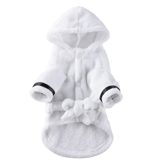 Peignoir demain pour chien vue de face de couleur blanc et noir. Image produit boutiquechien
