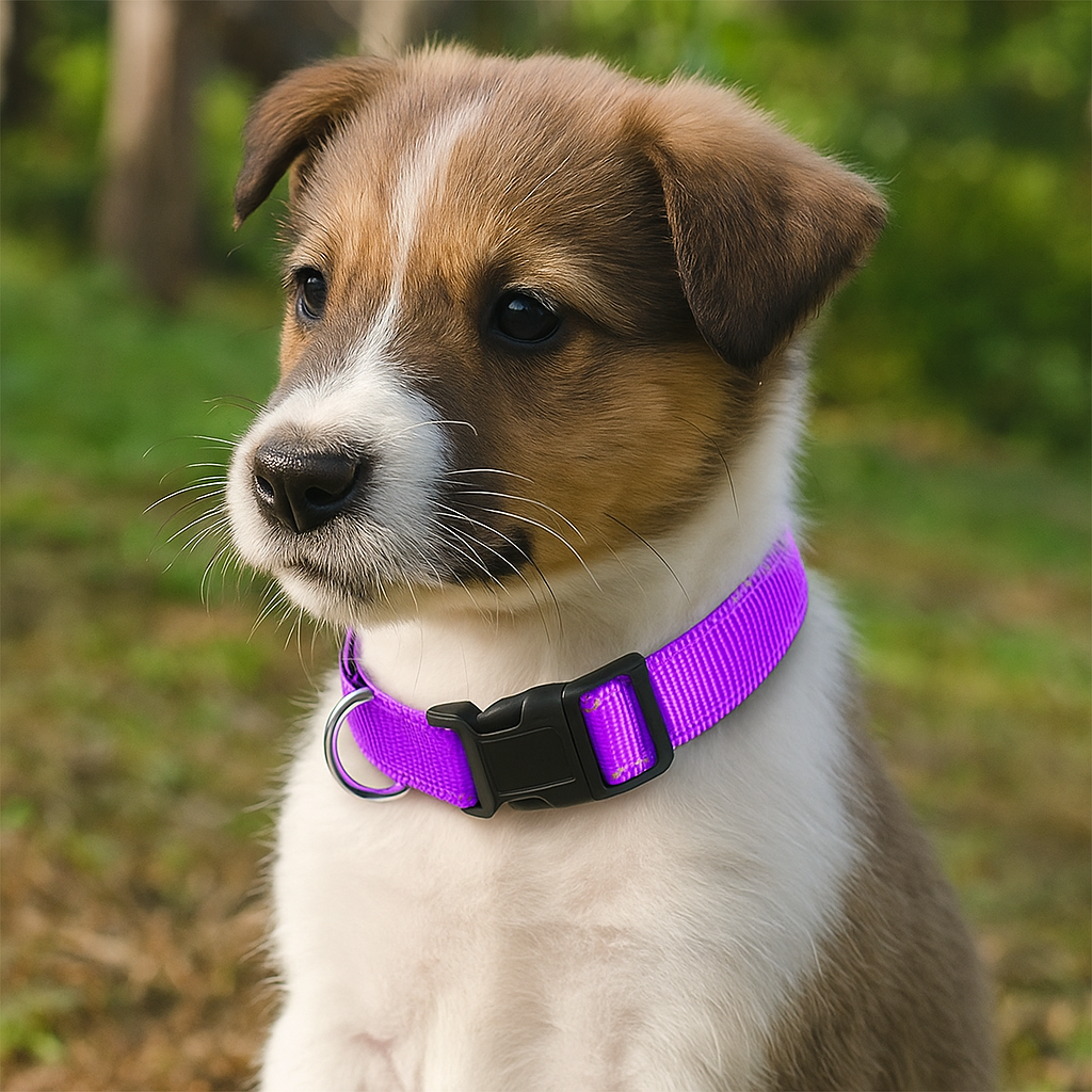 Chiot femelle portant un collier chiot violet et noir dans une foret de fond. Image produit Boutiquechien