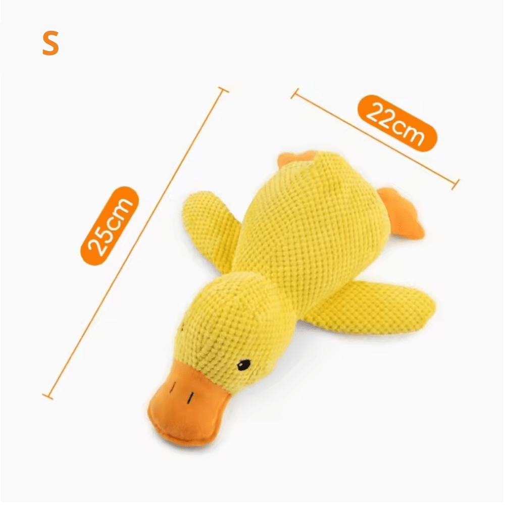 Jouet en forme de canard de couleur jaune et orange de tailles S avec toutes les dimensions du produits. Image produit Boutiquechien 