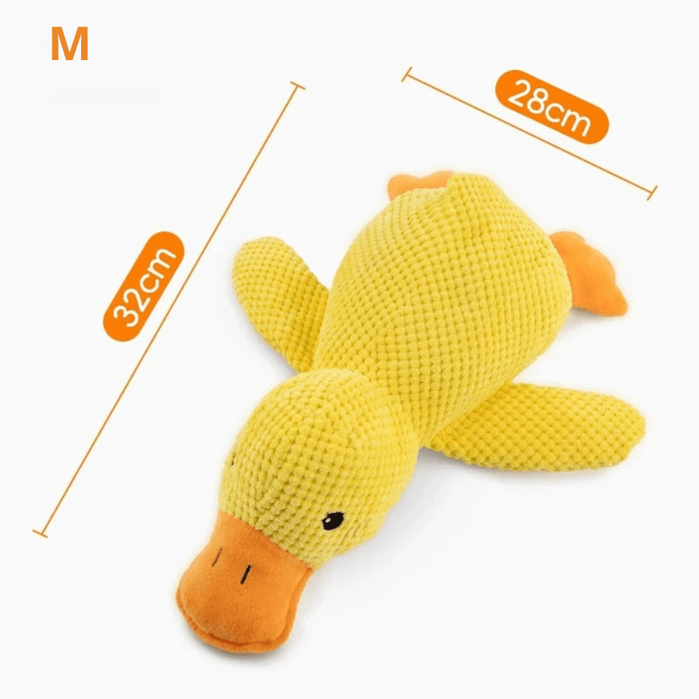 Jouet en forme de canard de couleur jaune et orange de tailles M avec toutes les dimensions du produits. Image produit Boutiquechien 