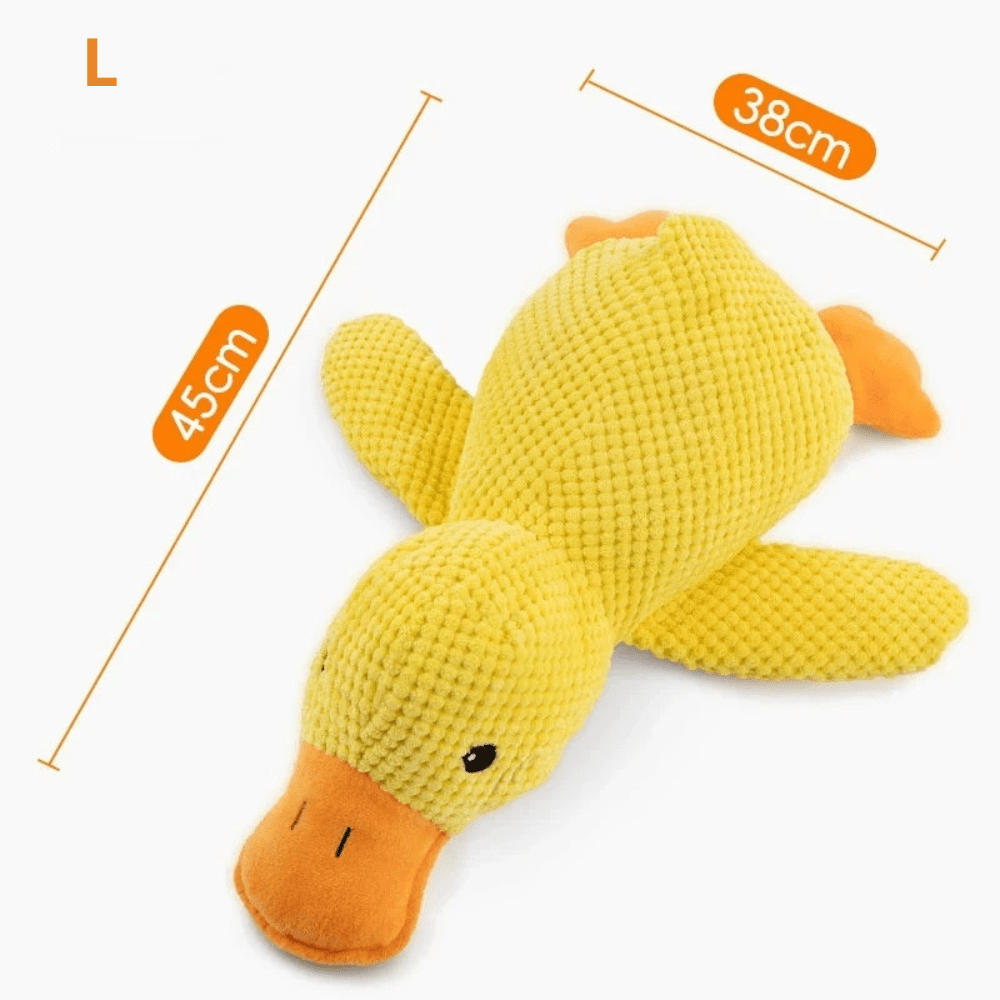 Jouet en forme de canard de couleur jaune et orange de tailles L avec toutes les dimensions du produits. Image produit Boutiquechien 