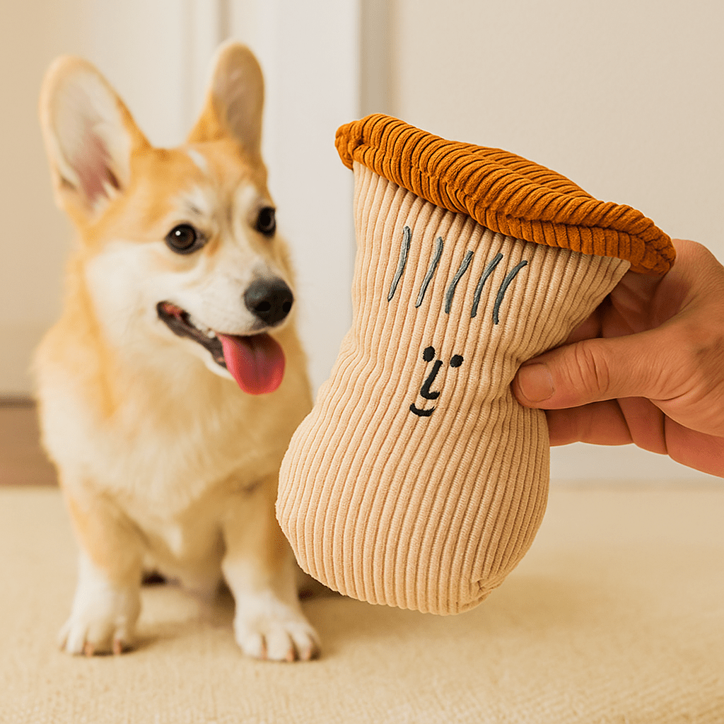 Corgi blanc assis devant la peluche champignon de couleur blanc avec une main qui tient la peluche. Image produit Boutiquechien