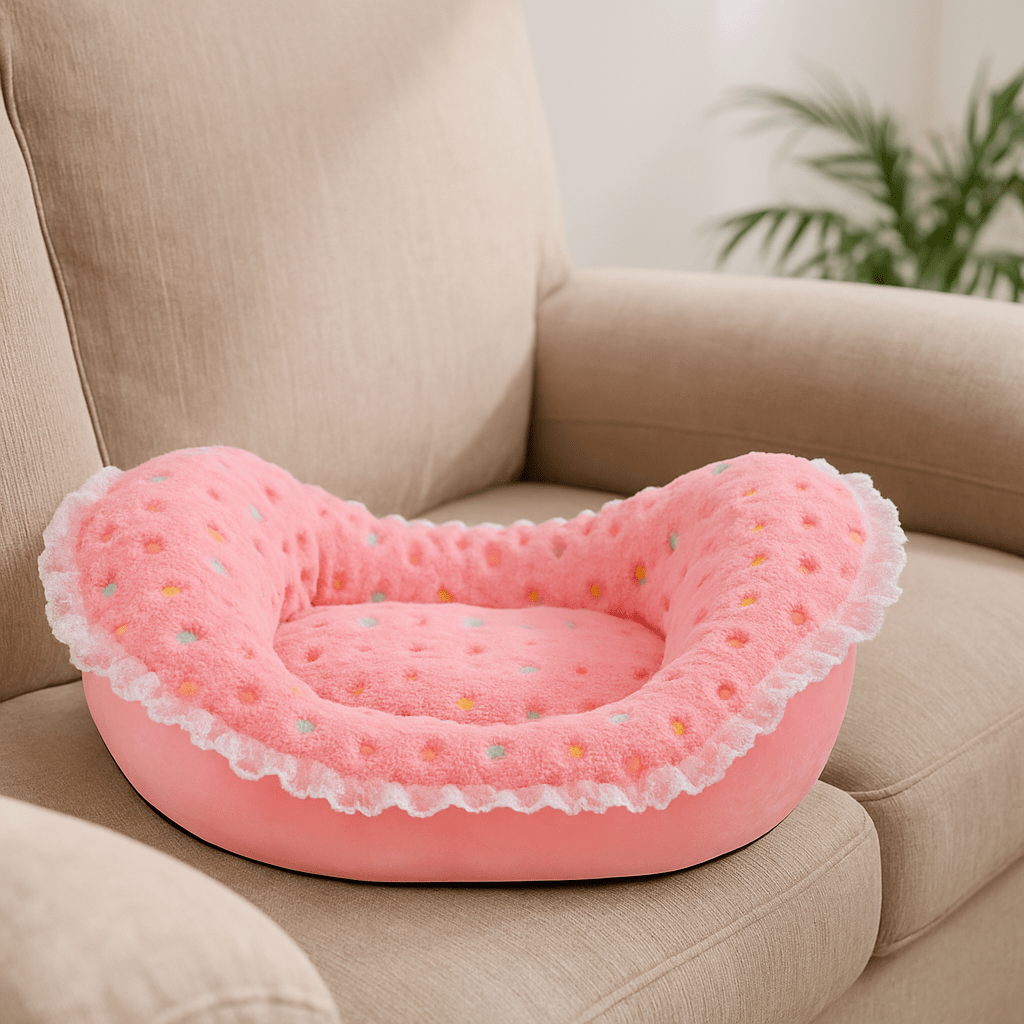 Panier pour petit chien de couleur rose sur un canapé gris