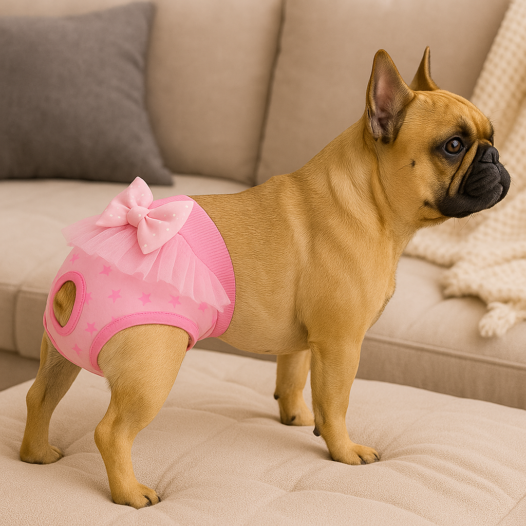 buldog de couleur claire portant une culotte pour chien de couleur rose. Le chien est debout sur un pouf gris moelleux. Image produit Boutiquechien