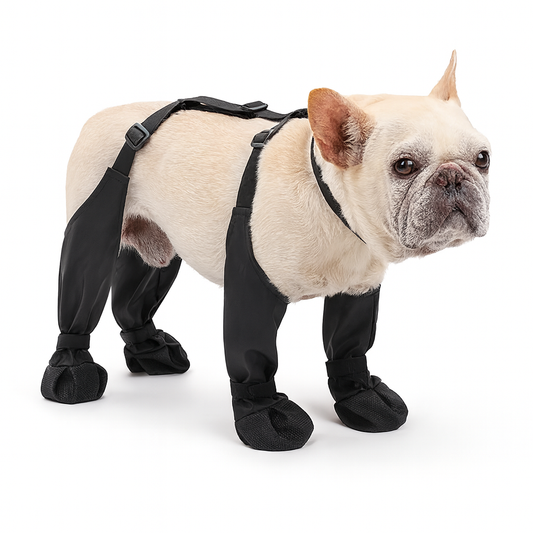 Petit chien de couleur blanc avec des bottes pour chiens hautes avec attaches. Image produit boutiquechien