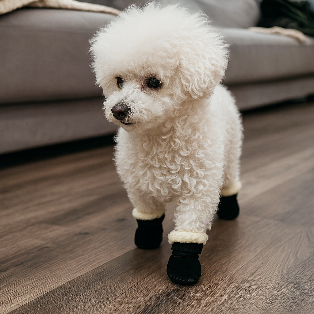 Petit chiens de couleur blanc portant des bottes pour chiens d'hiver de couleur noir avec du rembourrage blanc. Image produit Boutiquechien