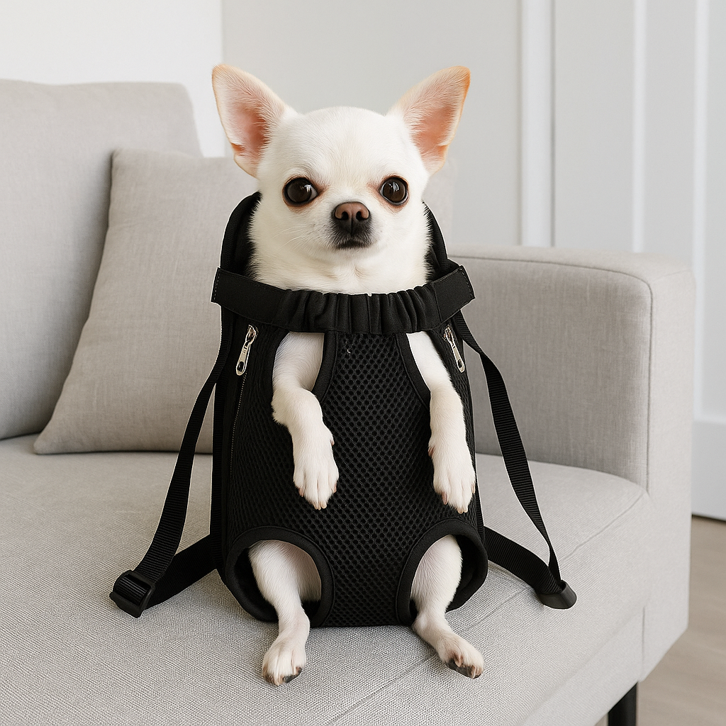 petit chihuahua de couleur blanc assis dans son harnais en nylon respirant de couleur noir. Le chien est assis sur le canapé de couleur gris. Image produit Boutiquechien Image