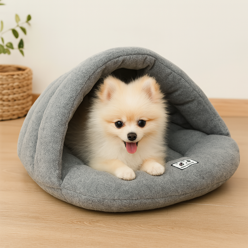 Petit chien blanc couché dans un panier chien en forme de nid gris. Le panier chien est dans une pièce de couleur claire avec en fond une plante verte. Image produit Boutiquechien Image