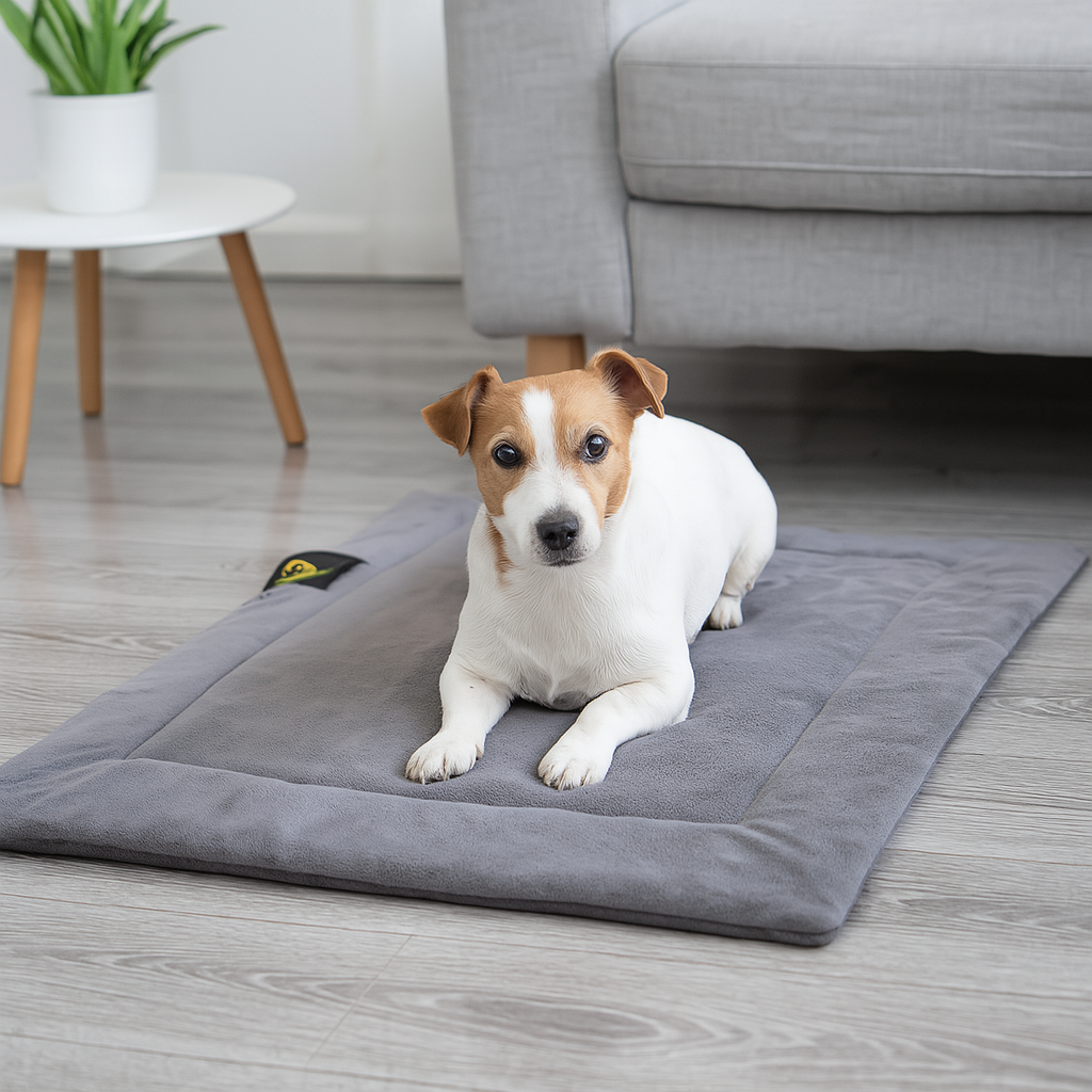 petit chien de couleur brun couché sur son tapis auto chauffant de couleur gris. Le tapis chien est posé dans un salon de couleur claire avec en fond un canapé chien gris et une table basse avec plante verte. Image produit Boutiquechien  Image