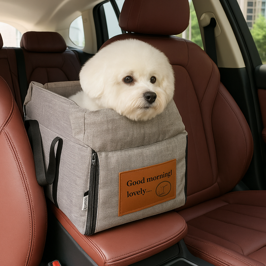 sac de transport pour chien de couleur gris posé sur un accoudoir de voiture de couleur rouge. Dans le sac il y a un petit chien blanc avec en fond des siège rouge. Image produit Boutiquechien Image