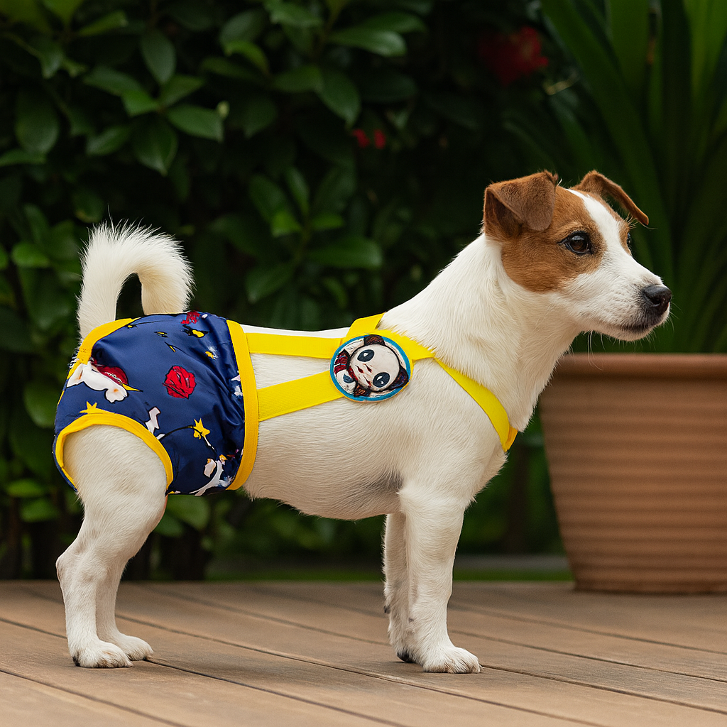 Petit chien de couleur blanc et brun portant une couche pour chien bleu foncé et jaune. En fond il y a une haie verte avec une plante verte et un pot brun avec le chien posé sur des lattes en bois. Image produit Boutiquechien Image