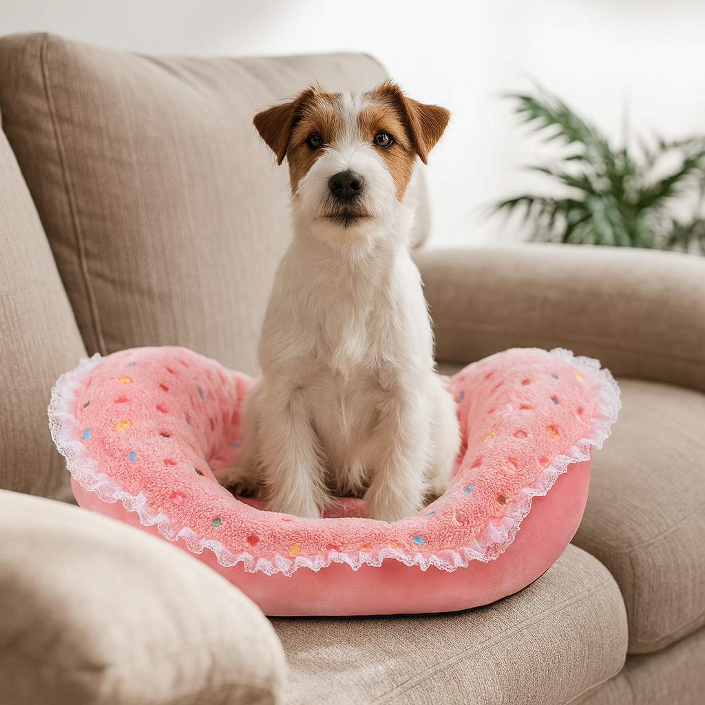petit chien de couleur blanc et brun dans un panier pour chien rose. Le chien est dans un panier sur un canapé de couleur gris