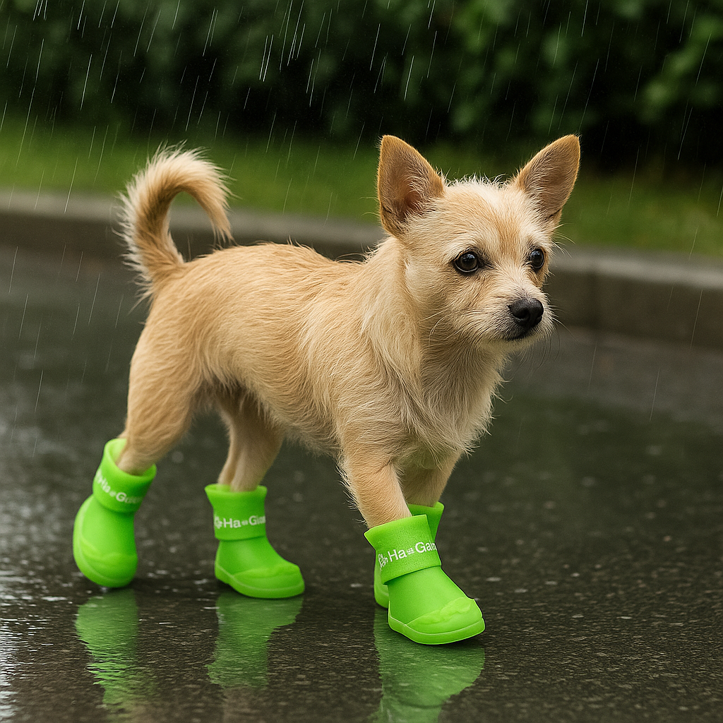 Petit chien de couleur blanc avec des bottes en caoutchouc verte. Le chien marche dans la rue sous la pluie avec en fond une haie verte. image produit Boutiquechien Image