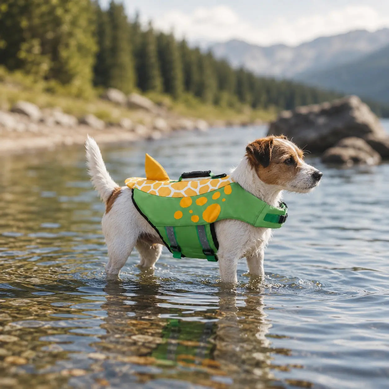 Petit chien de couleur blanc portant un gilet de sauvetage pour chien vert. Le chien a les quatre pattes dans l'eau Image