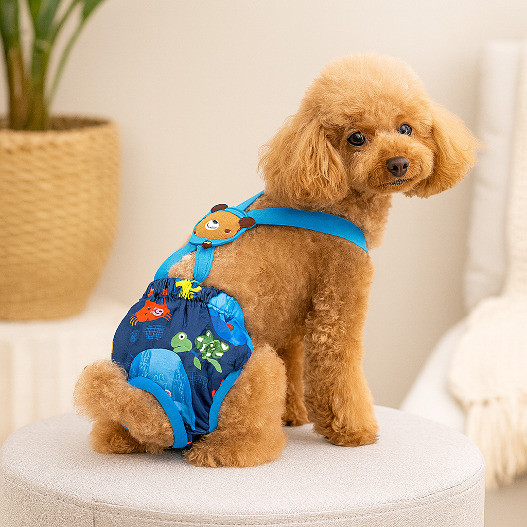 Petit chien de couleur brun portant une couche salopette de couleur bleu. Le chien est assis sur un pouf gris avec en fond une plante verte. Image produit Boutiquechien Image