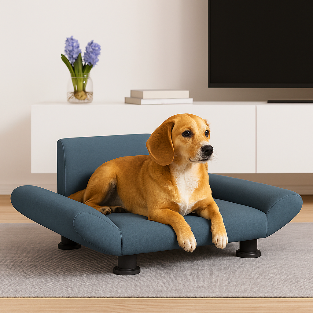 canapé chien de couleur gris foncé avec un chien brun et blanc. Le canapé chien est design avec en fondu n meuble blanc et une télé. Image produit Boutiquechien