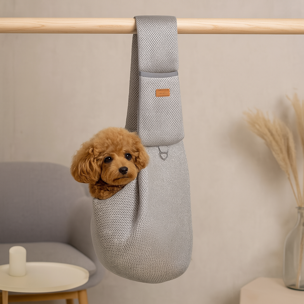 petit chien de couleur brun dans un sac en bandoulière de couleur gris. Le sac est sur un étendoir de couleur bois avec en fond un canapé gris. Image produit Boutiquechien Image