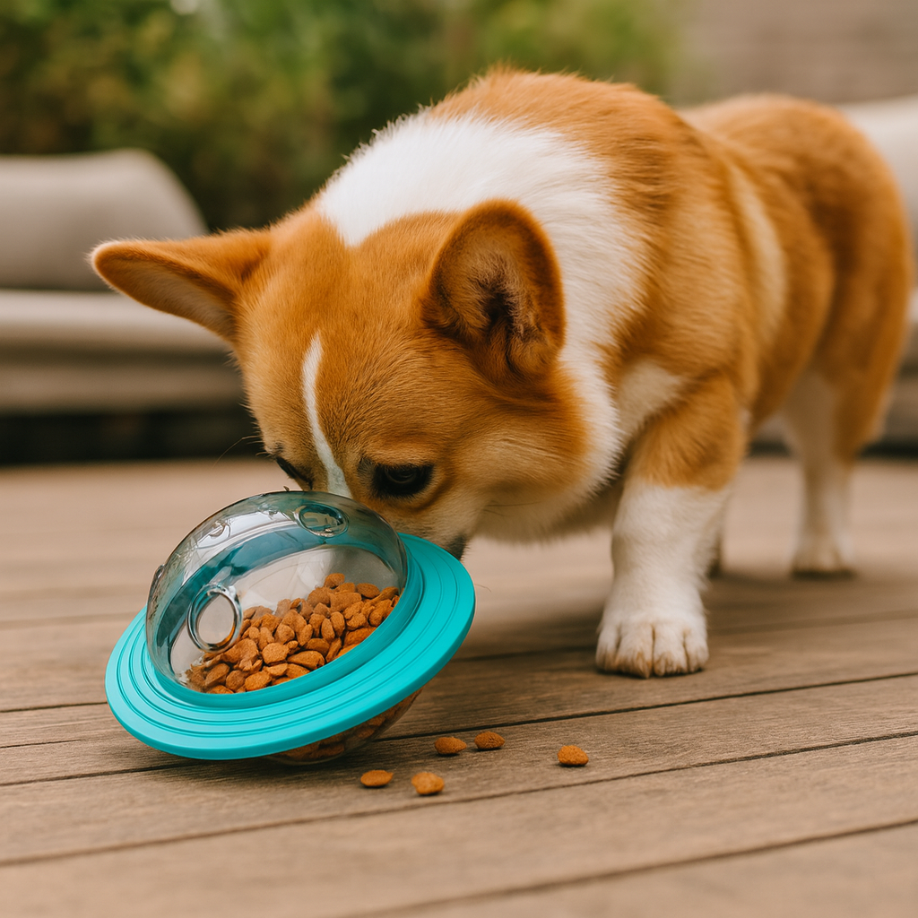 balle à friandise de couleur bleu avec un moyen chien brun et blanc debout sur des lattes en bois. En fond il y a de la verdure et un canapé blanc. Image produit Boutiquechien Image
