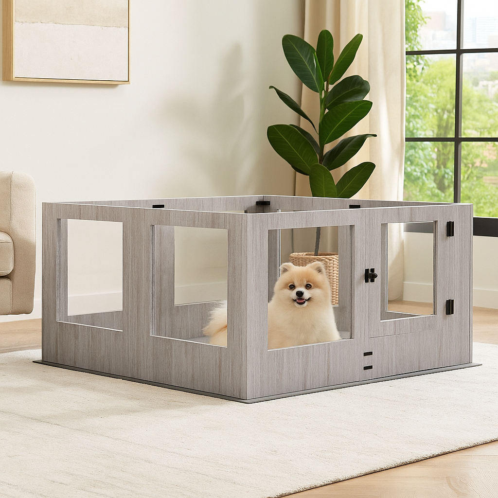petit chien blanc dans une cage de couleur gris style bois. La cage est posé dans un salon claire avec une plante verte en fond. Image produit Boutiquechien