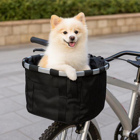 Panier chien vélo de couleur noir avec un chien blanc de petites tailles sur un vélo gris de boutiquechien 
