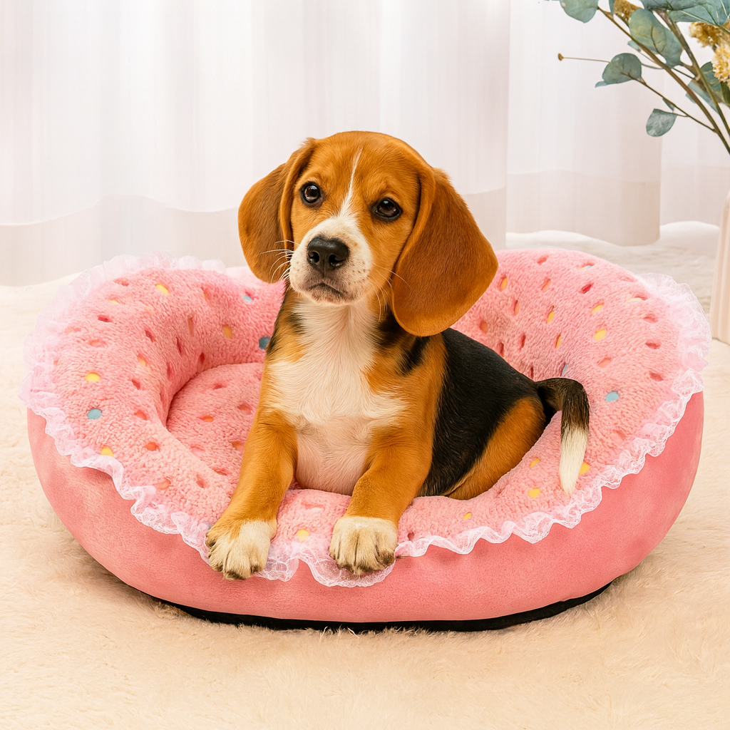 Petit chien de couleur brun et noir dans un panier pour petit chien de couleur rose.  Image