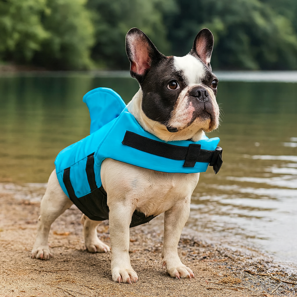 Petit chien de couleur noir et blanc sur une petit plage sable à côté d'une rivière. Le chien porte un gilet de sauvetage de couleur bleu en forme de requin. Image produit Boutiquechien Image