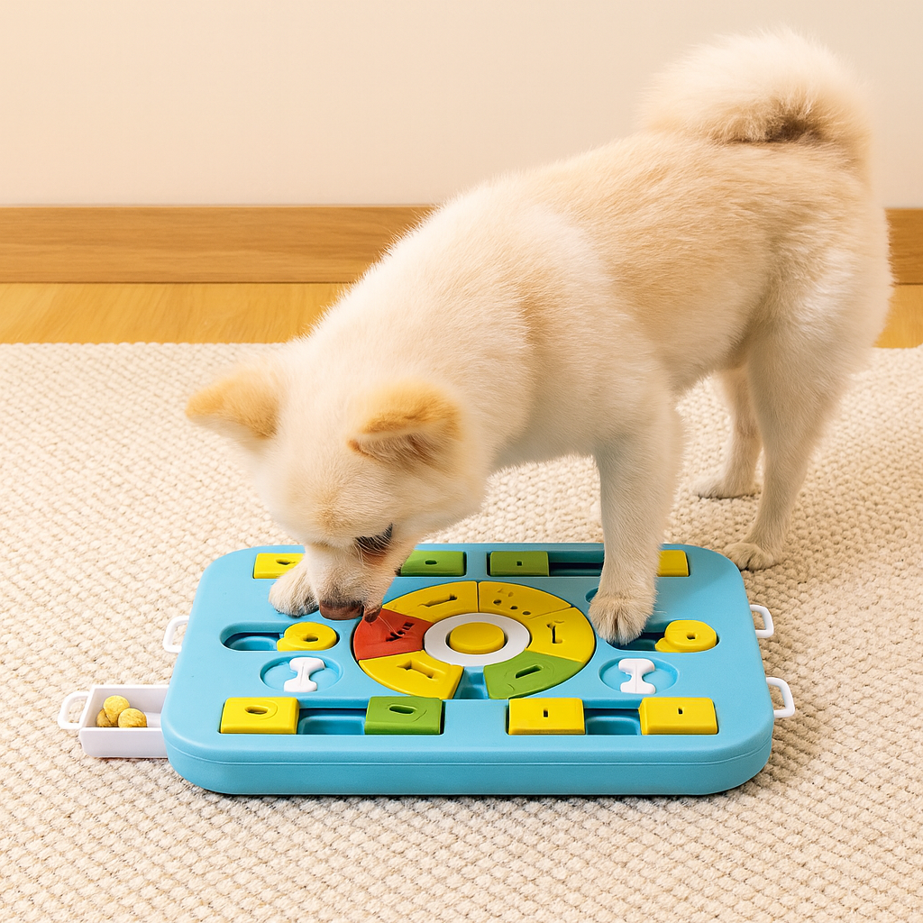 Petit chien de couleur blanc jouant avec le grand puzzle pour chien rectangulaire de couleur bleu et jaune. Le chien joue sur un tapis de couleur gris avec en fond un mur blanc et un parquet. Image produit Boutiquechien Image