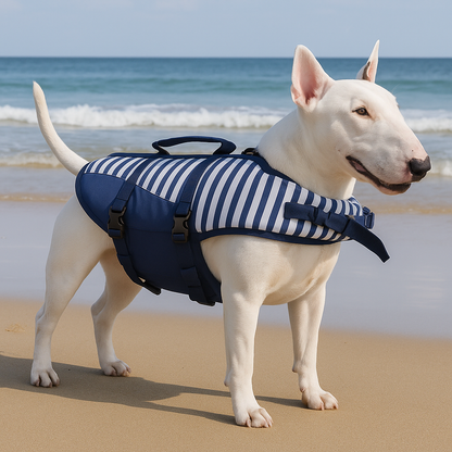 Chien de taille moyenne portant un harnais de sauvetage de couleur bleu et blanc à rayure sur une plage jaune avec en fond la mer. Image produit Boutiquechien