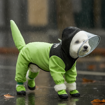 Petit chien de couleur blanc portant un imper vert et noir des pattes à la queue. Image produit Boutiquechien
