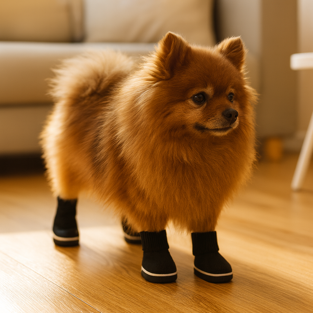 Petit chien de couleur brun portant des bottes pour chiens de couleurs noir. Le chien est dans un salon de couleur claire. En fond il y a un canapé pour chien de couleur gris sur un parquet bois. Image produit Boutiquechien Image