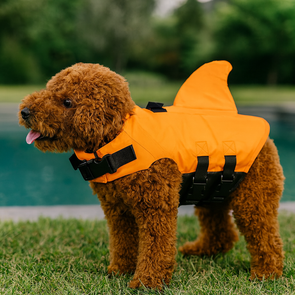 Chien de couleur brun portant un gilet de sauvetage pour chien de couleur orange et noir en forme de requin. Le chien est près d'une piscine. Image produit Boutiquechien 
