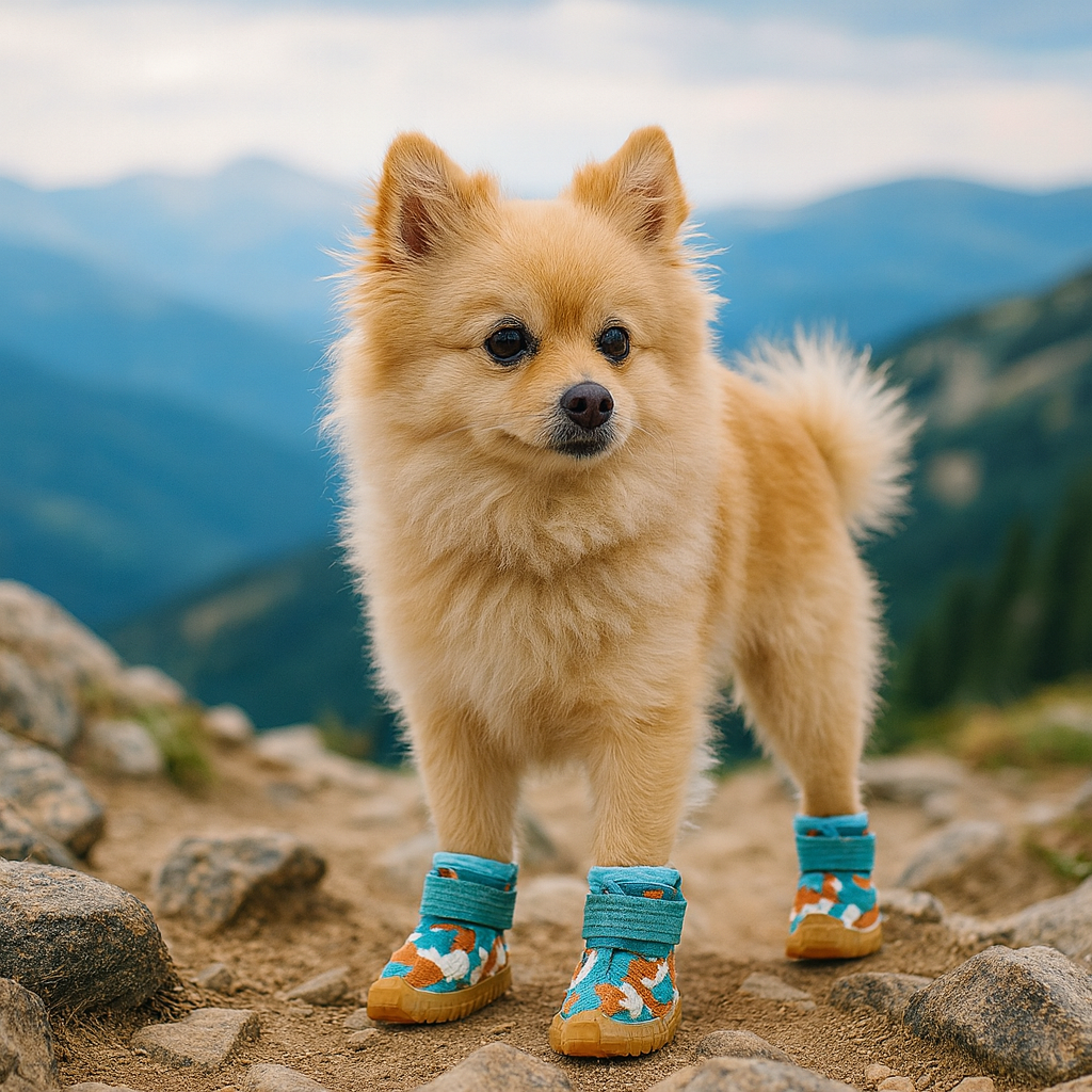 Petit chien de couleur claire portant des chaussures de couleur camouflage bleu. Le chien porte les chaussures dans des montagnes. Image produit Boutiquechien
