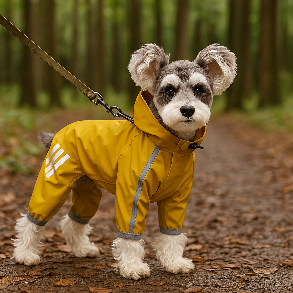 Petit chien de couleur gris et blanc portant un imper de couleur moutarde sur un chemin de terre dans une forêt. Image produit Boutiquechien
