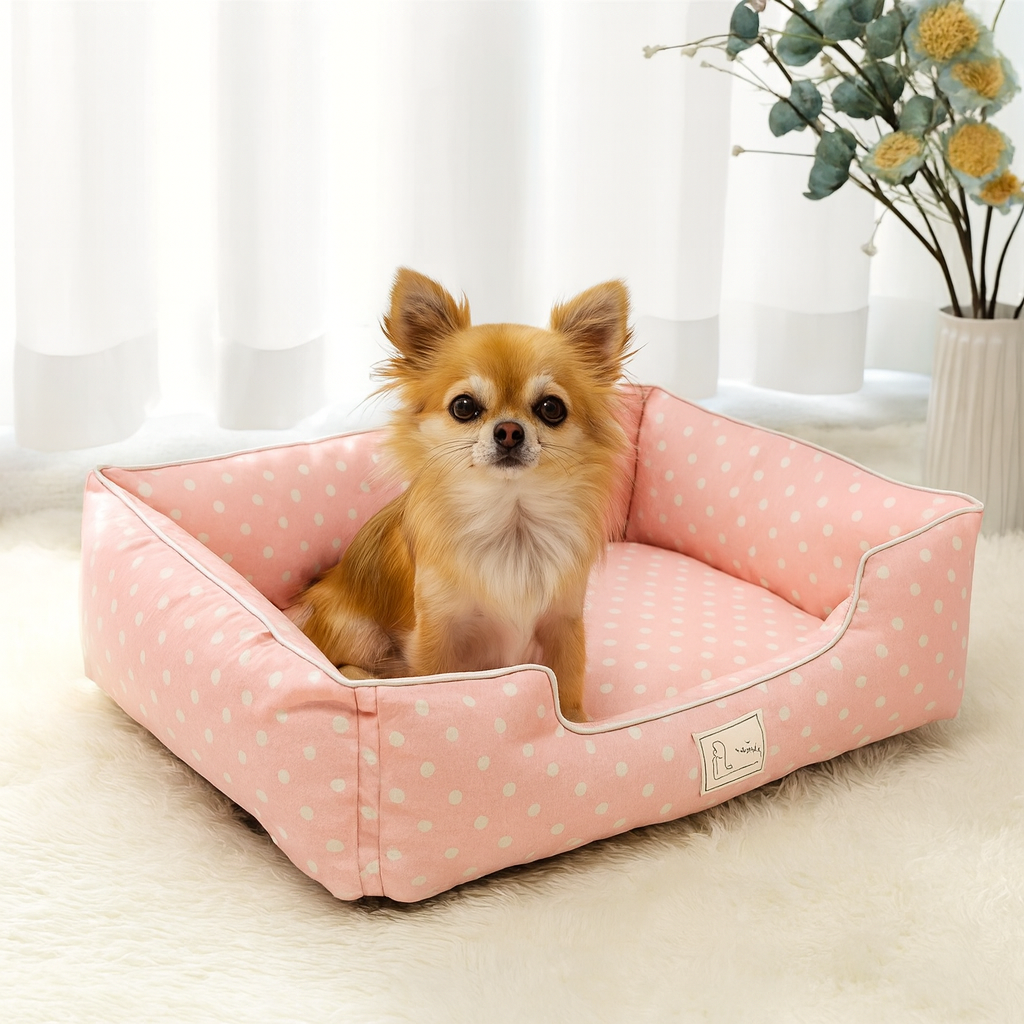 Petit chien de couleur claire dans un salon panier pour chien de couleur rose et blanc à pois. Le panier est posé dans un salon de couleur blanc avec en fond une plante verte  Image