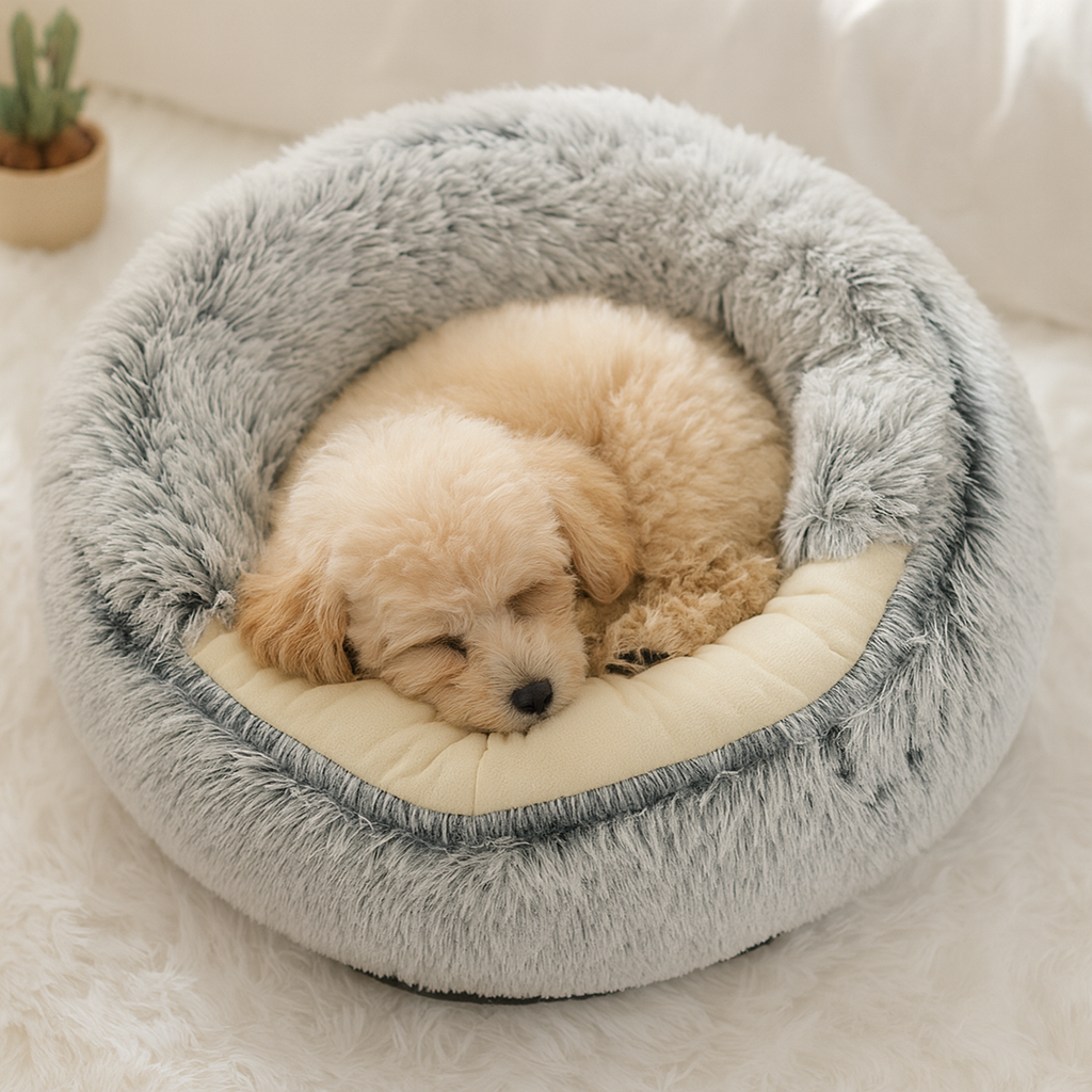 petit chien de couleur blanc couche dans un petit panier de couleur blanc. En fond il y a un fond blanc Image