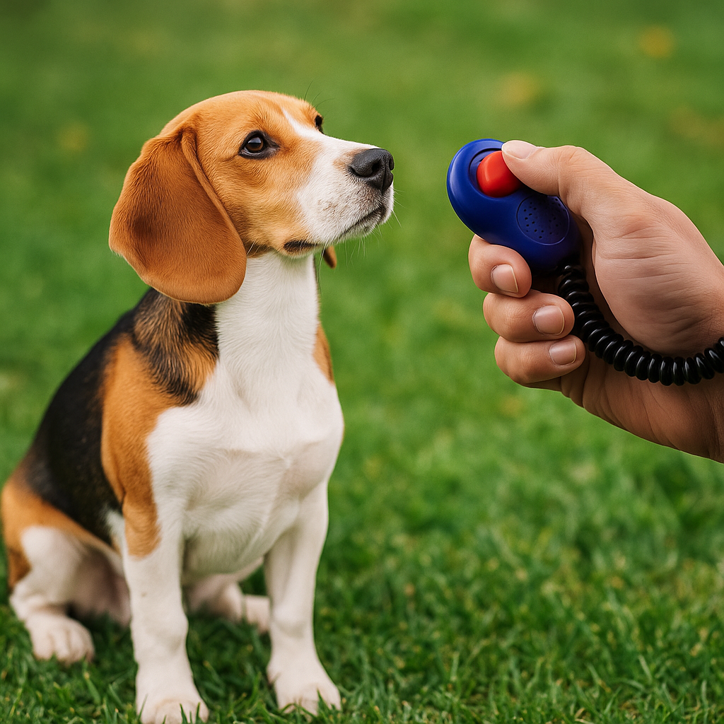 petit chien de couleur blanc et brun assis devant une main qui possède un clicker dedans. Le chien est assis dans l'herbe verte. Image produit Boutiquechien Image